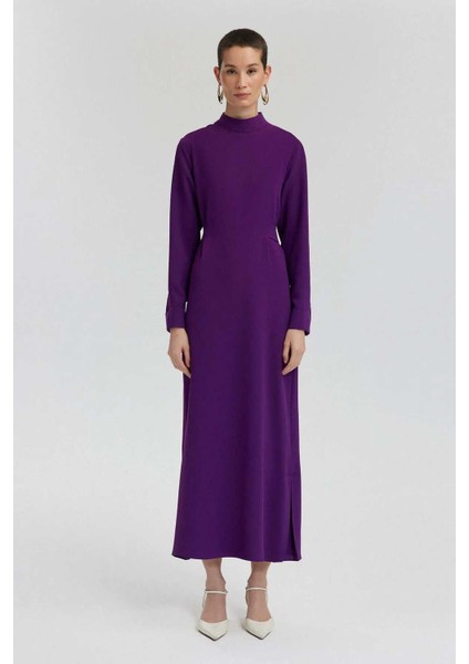 Bağlama Detaylı Krep Elbise Mor