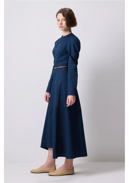 Ince Kemerli Godeli Elbise Lacivert