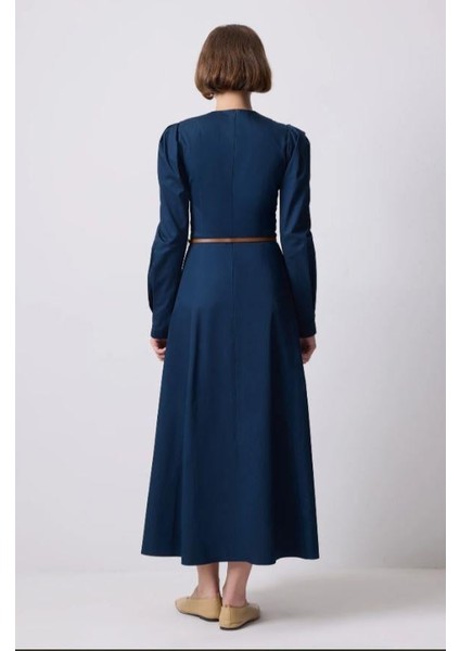 Ince Kemerli Godeli Elbise Lacivert
