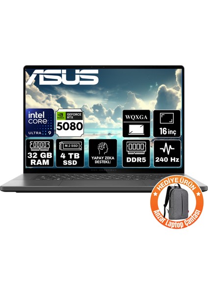Rog Zephyrus G16 Intel Core Ultra 9 285H 32GB 4tb SSD RTX5080 16GB Freedos 16" 2.5k 240Hz Wqxga Taşınabilir Bilgisayar GU605CW-A2