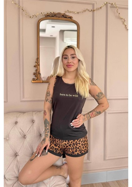 Siyah Born To Be Wild Leopar Desenli Sıfır Kol Şortlu Örme Kadın Pijama Takımı