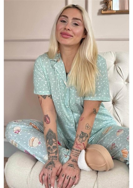 Mint Macoron Desenli Kısa Kol Önden Düğmeli Kadın Pijama Takımı