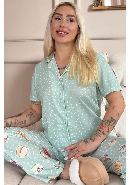 Mint Macoron Desenli Kısa Kol Önden Düğmeli Kadın Pijama Takımı fiyatları