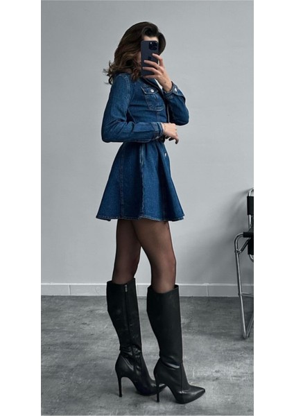 Mavi Düğmeli Grace Kot Elbise fiyatları