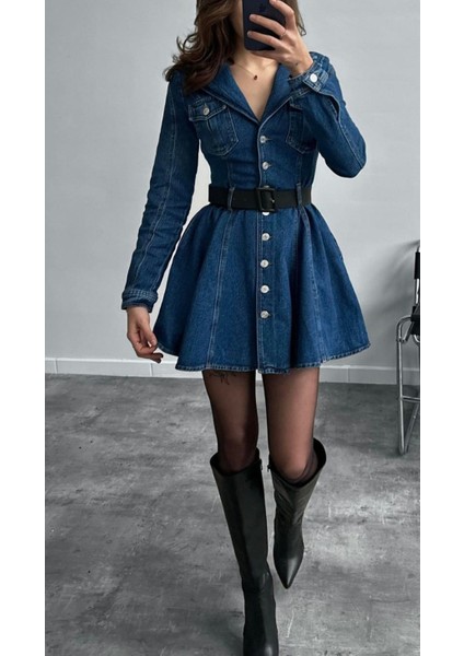 Mavi Düğmeli Grace Kot Elbise indirimleri