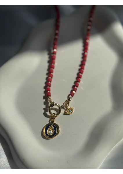 Kırmızı Afgan Boncuk Göz Detaylı Kolye