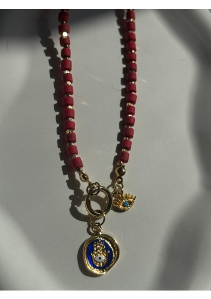 Kırmızı Afgan Boncuk Göz Detaylı Kolye fiyatları