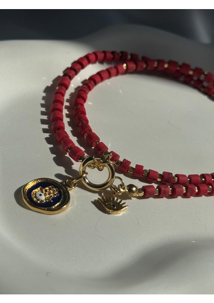 Kırmızı Afgan Boncuk Göz Detaylı Kolye modelleri