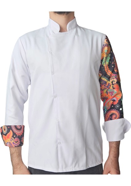 Aşçı Ceketi Desenli Unisex Çıtçıtlı Uzun Kollu Chef Aşçı Mutfak Ceket Etnik Desenli