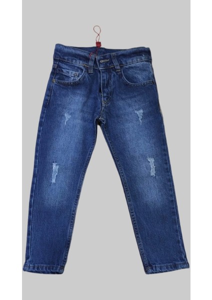 Erkek Çocuk Denim Mavi Tırtıklı Ligrasız Kot Pantolon