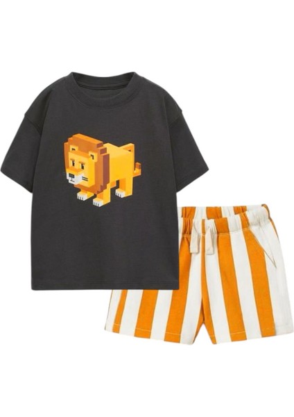 Erkek Çocuk 2d Çizim Aslan Karakter Baskılı T-Shirt Çizgili Şort 2 Parça Altüst Takım