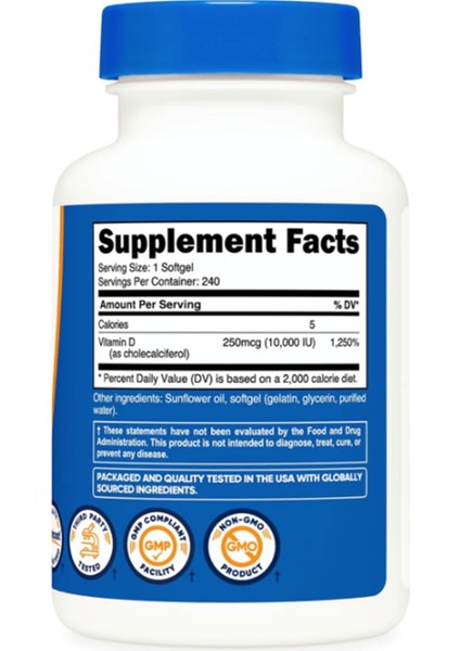 Vitamin D3 10,000 Iu, 240 Softgel.abd Menşei