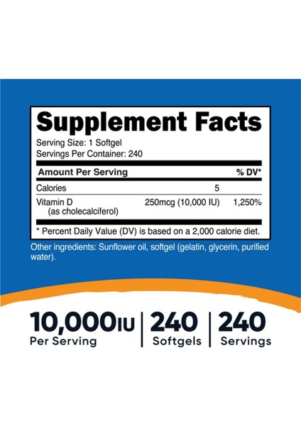 Vitamin D3 10,000 Iu, 240 Softgel.abd Menşei