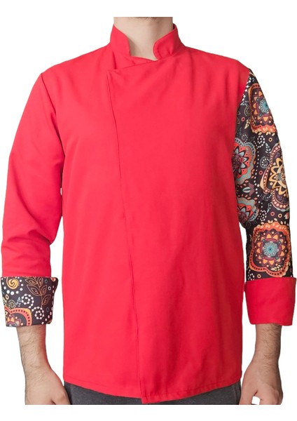 Aşçı Ceketi Desenli Unisex Çıtçıtlı Uzun Kollu Chef Aşçı Mutfak Ceket Çiçekli K. Mandala Desenli