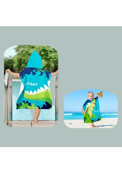 Erkek Çocuk Dinozor Baskılı Desenli Panço Havlu / Kapüşonlu