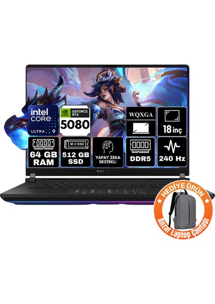 Rog Strix Scar G16 Intel Core Ultra 9 275HX 64GB 1tb SSD Rtx 5080 16GB 240Hz 16" 2.5k Wqxga Windows 11 Home Taşınabilir Bilgisayar G635LW-A40