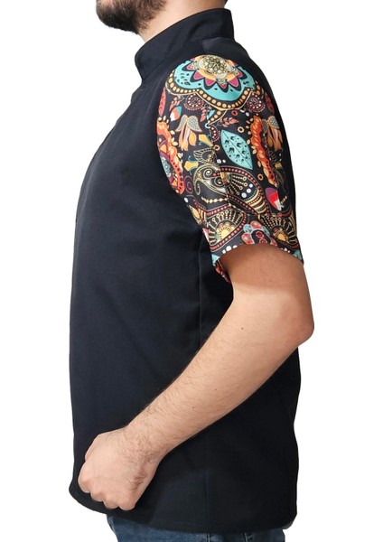 Aşçı Ceketi Desenli Unisex Çıtçıtlı Kısa Kollu Yazlık Chef Aşçı Mutfak Ceket Mandala Desenli