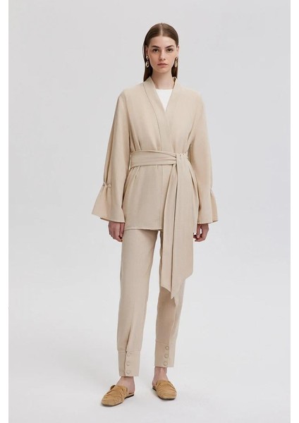 Kemer Detaylı Kimono Takım Bej