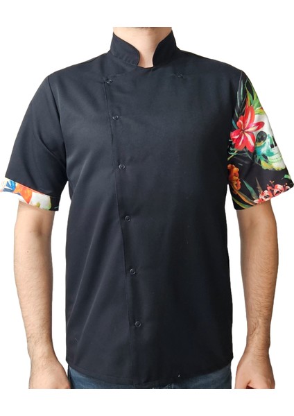 Aşçı Ceketi Desenli Unisex Çıtçıtlı Kısa Kollu Yazlık Chef Aşçı Mutfak Ceket Kuru Kafa Desenli