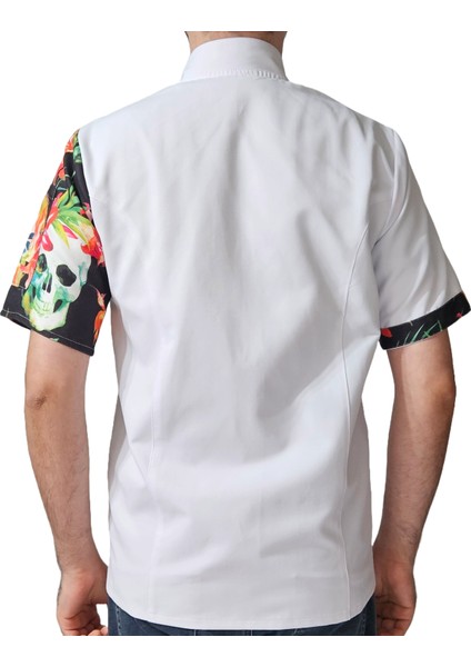 Aşçı Ceketi Desenli Unisex Çıtçıtlı Kısa Kollu Yazlık Chef Aşçı Mutfak Ceket Kuru Kafa Desenli
