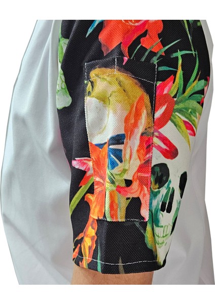 Aşçı Ceketi Desenli Unisex Çıtçıtlı Kısa Kollu Yazlık Chef Aşçı Mutfak Ceket Kuru Kafa Desenli
