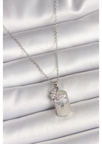 316L Çelik Gümüş Renk Zincir Zirkon Taşlı Yonca Model Kadın Kolye