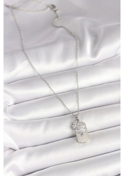 316L Çelik Gümüş Renk Zincir Zirkon Taşlı Yonca Model Kadın Kolye fiyatları