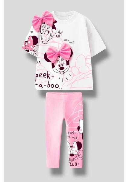 Kız Çocuk Sevimli Fare 3D Kurdela Fiyonk Detaylı T-Shirt Tayt Alt Üst Takım - 2 Parça Pamuklu modelleri