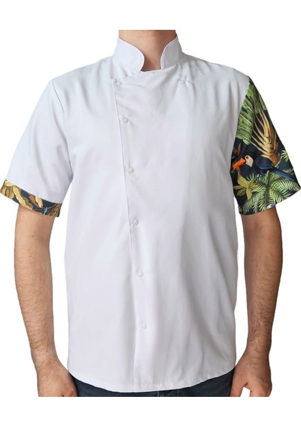 Aşçı Ceketi Desenli Unisex Çıtçıtlı Kısa Kollu Yazlık Chef Aşçı Mutfak Ceket Tropik Kuş Desenli