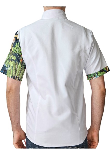 Aşçı Ceketi Desenli Unisex Çıtçıtlı Kısa Kollu Yazlık Chef Aşçı Mutfak Ceket Tropik Kuş Desenli