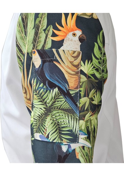 Aşçı Ceketi Desenli Unisex Çıtçıtlı Kısa Kollu Yazlık Chef Aşçı Mutfak Ceket Tropik Kuş Desenli