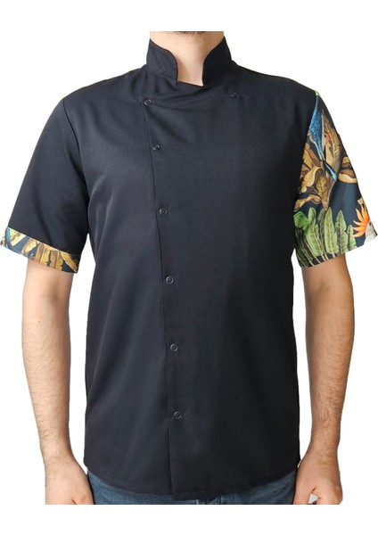 Aşçı Ceketi Desenli Unisex Çıtçıtlı Kısa Kollu Yazlık Chef Aşçı Mutfak Ceket Tropik Kuş Desenli