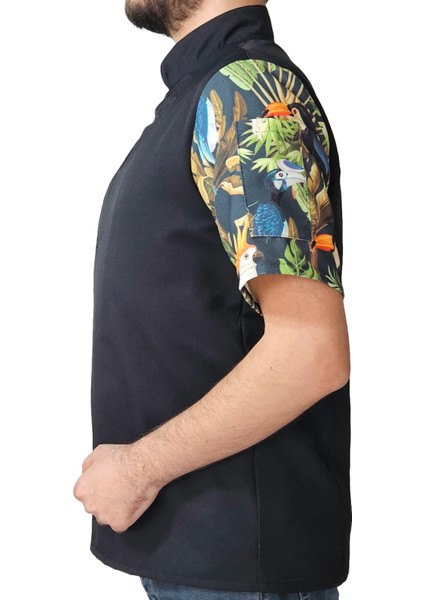 Aşçı Ceketi Desenli Unisex Çıtçıtlı Kısa Kollu Yazlık Chef Aşçı Mutfak Ceket Tropik Kuş Desenli