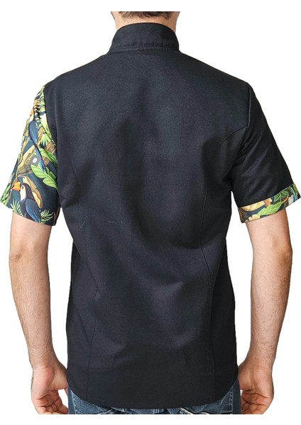 Aşçı Ceketi Desenli Unisex Çıtçıtlı Kısa Kollu Yazlık Chef Aşçı Mutfak Ceket Tropik Kuş Desenli