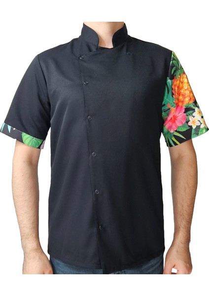 Aşçı Ceketi Desenli Unisex Çıtçıtlı Kısa Kollu Yazlık Chef Aşçı Mutfak Ceket Ananas Desenli