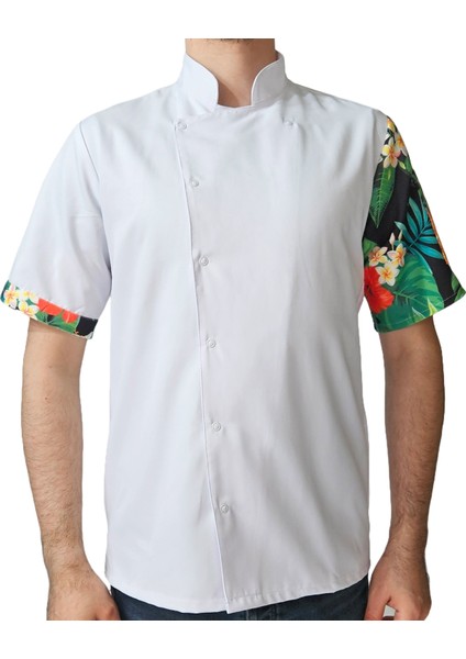 Aşçı Ceketi Desenli Unisex Çıtçıtlı Kısa Kollu Yazlık Chef Aşçı Mutfak Ceket Ananas Desenli