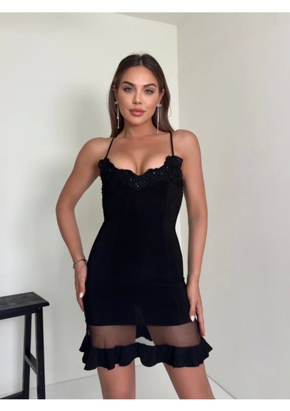Tül Detaylı Mini Elbise