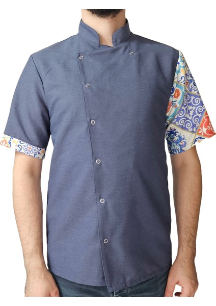 Aşçı Ceketi Desenli Unisex Çıtçıtlı Kısa Kollu Yazlık Chef Aşçı Mutfak Ceket Seramik Desenli