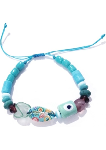 Mavi Renkli Desenli Deniz Kabuğu Bodrum Cam Nazar ve Hint Cam Boncuklu Bileklik