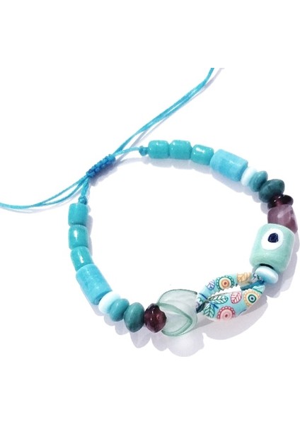 Mavi Renkli Desenli Deniz Kabuğu Bodrum Cam Nazar ve Hint Cam Boncuklu Bileklik fiyatları