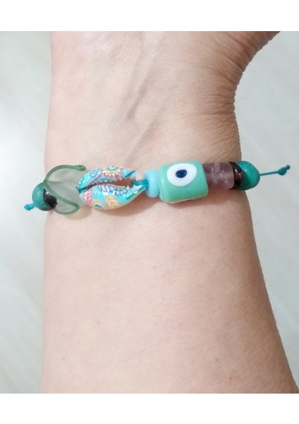 Mavi Renkli Desenli Deniz Kabuğu Bodrum Cam Nazar ve Hint Cam Boncuklu Bileklik fırsatları