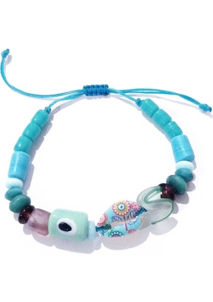 Mavi Renkli Desenli Deniz Kabuğu Bodrum Cam Nazar ve Hint Cam Boncuklu Bileklik indirimleri