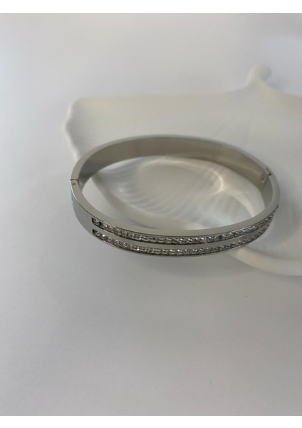 Taşlı Iki Sıra Çelik Silver Kelepçe