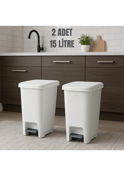 2 Adet Pedallı Çöp Kovası 15 Litre Beyaz Çöp Kovası Slim Pedallı Çöp Kovası 15 Litre 40 cm Beyaz