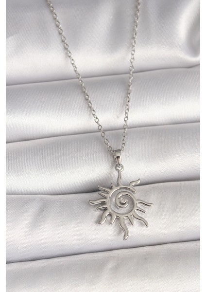 316L Çelik Gümüş Renk Zincir Zirkon Taşlı Güneş Model Kadın Kolye
