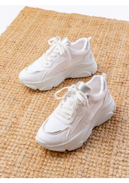 SP-149 Beyaz Gümüş Bağcıklı Fileli Günlük Spor Ayakkabı modelleri