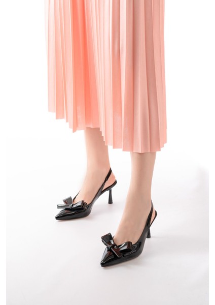 İNF-4501 Siyah Rugan Günlük Arkası Açık Fiyonklu Topuklu Bayan Ayakkabı fiyatları