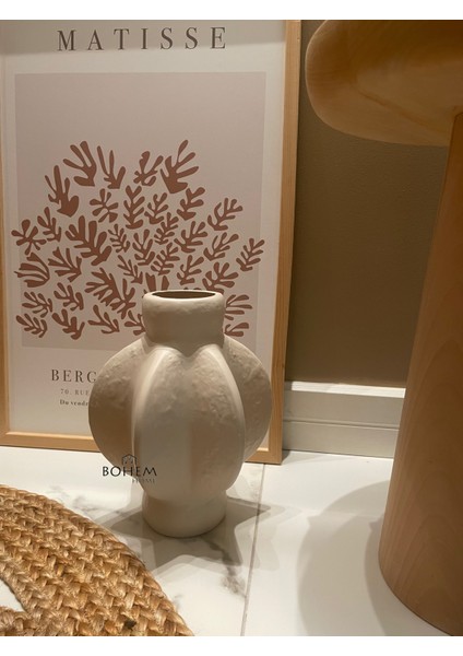 Seramik Bej Tekli Kısa Köşeli Stoneware Vazo (Muadil Marka)