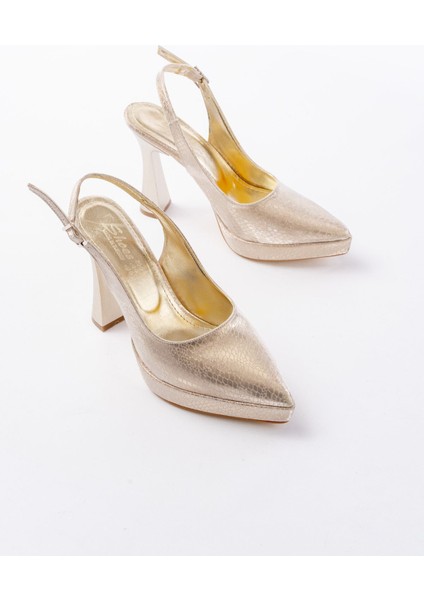B-2101 Gold Günlük Arkası Açık Yılan Desenli Topuklu Bayan Ayakkabı modelleri