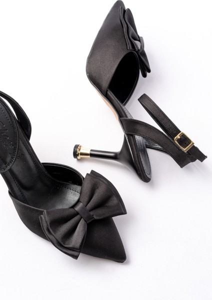 İNF-4505 Siyah Saten Günlük Arkası Açık Kurdele Detaylı Topuklu Bayan Ayakkabı fırsatları